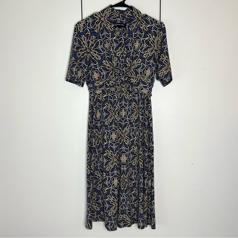 Woman’s Jones‎ New York Dress 8 Blue and Gold with Black Accents Floral Pattern